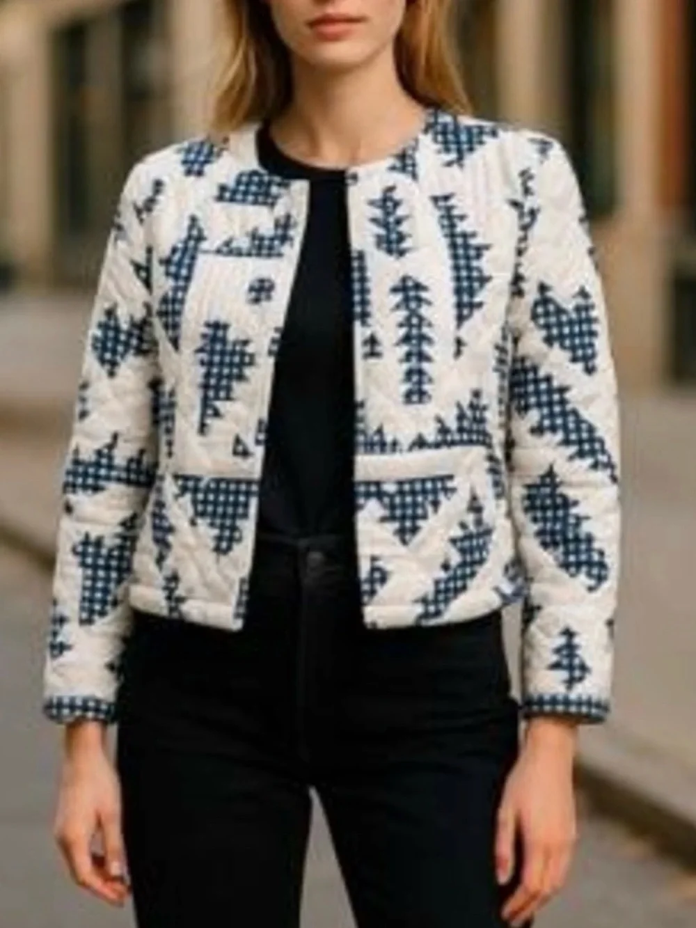 Caroline Constas Quilted Jacket in Blue & White Gloucester Print